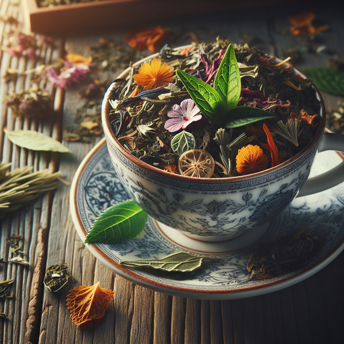 A ceramic tea cup filled with a variety of herbal leaves on a wooden table with diffused morning light.