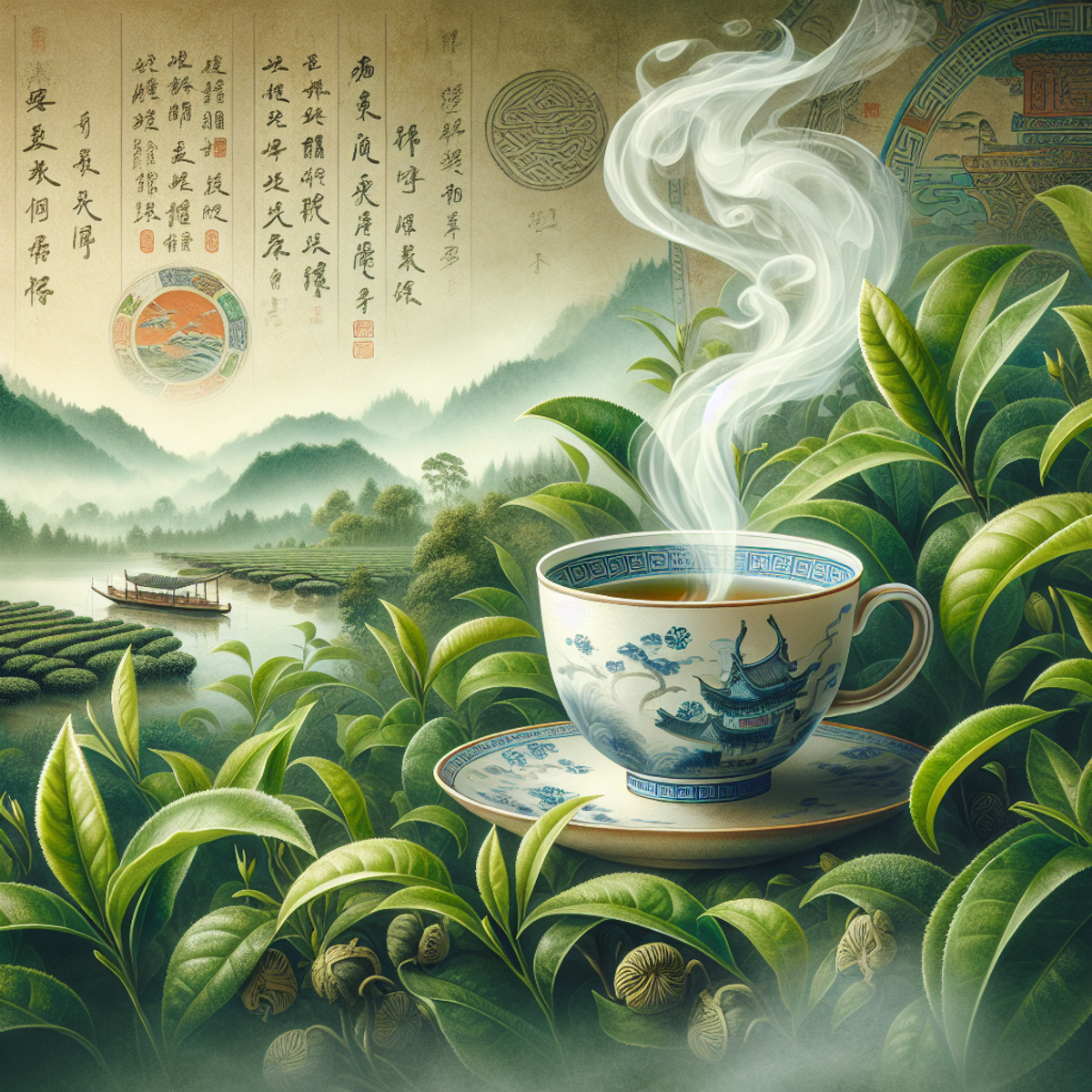 Ceramic teacup with steam surrounded by green tea leaves and ancient Chinese artwork.