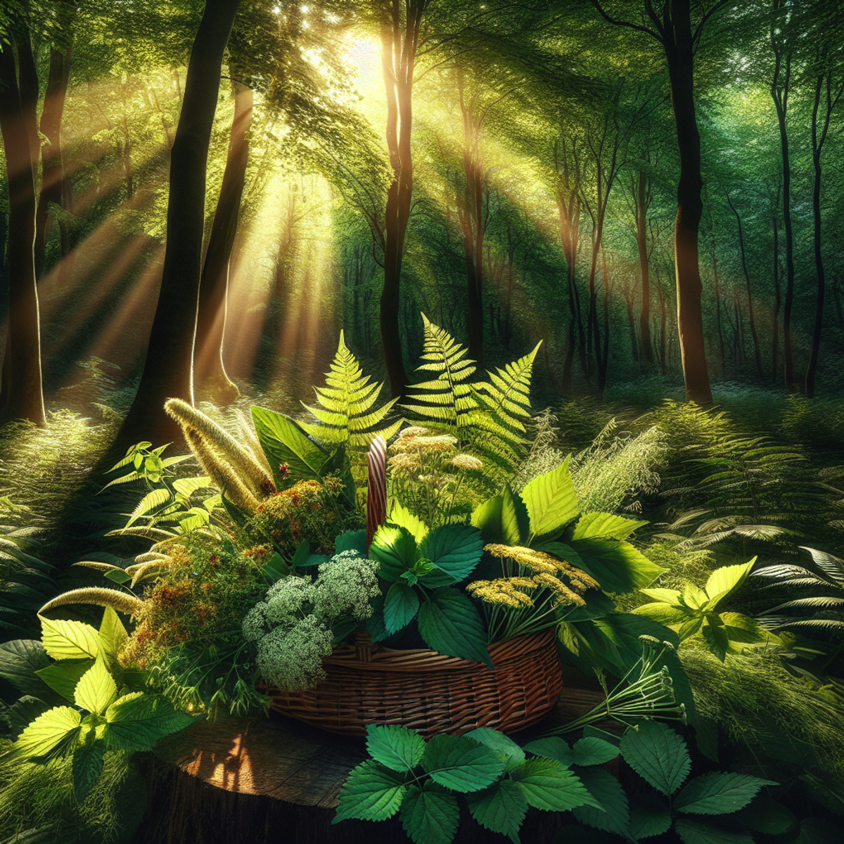 A basket filled with wildcrafted herbs in a sunlit forest.