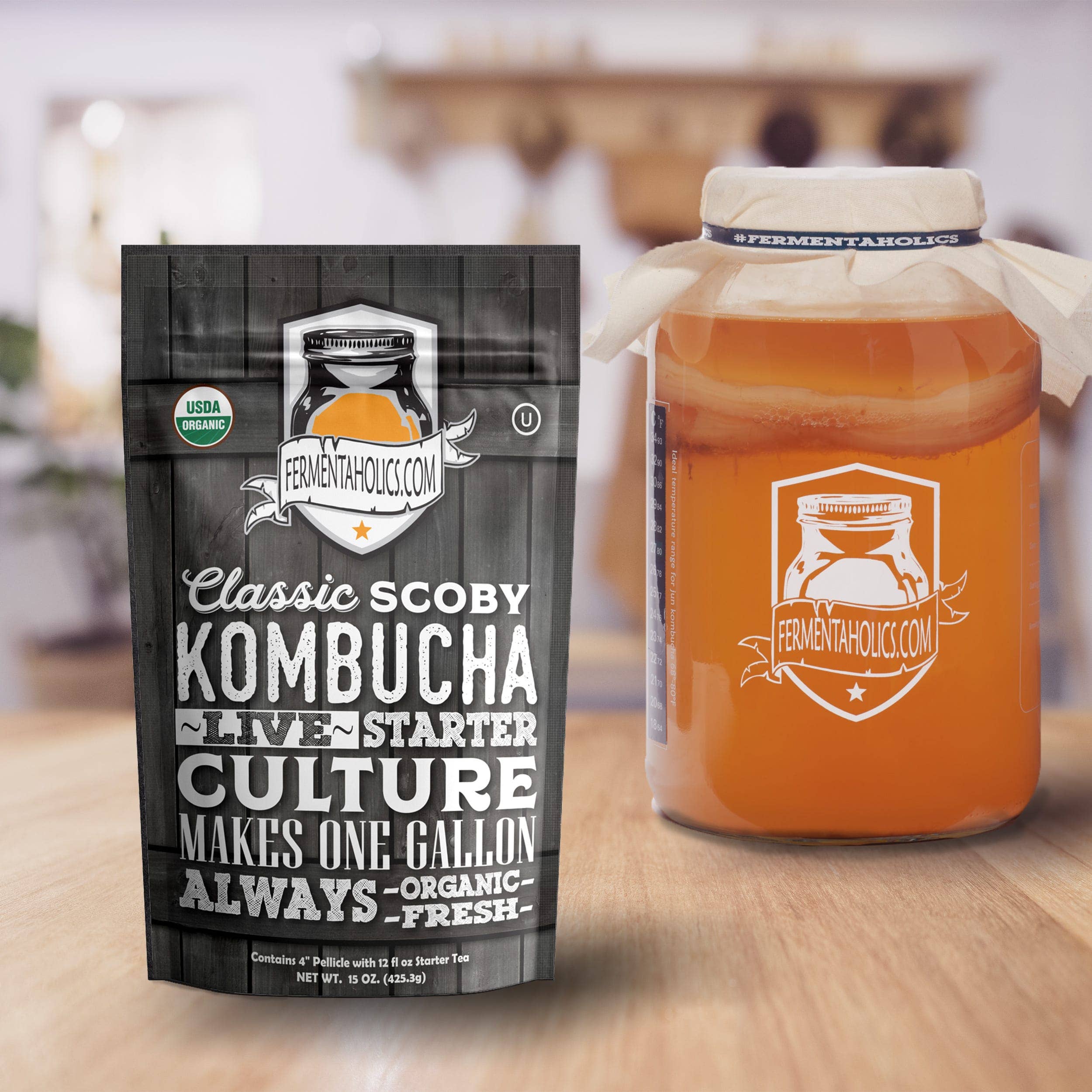 Picture of the back of kombucha with a glass jar next to it. 