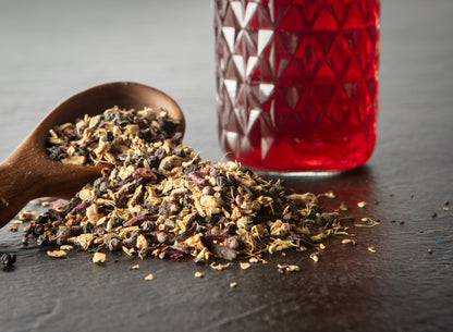 Picture of tea tea leaves next to glass of the tea